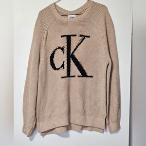 Calvin Klein Rhinestoned ✨ Logo Sweater Knit Tan+ Black Sweater Size Lrg Sparkly